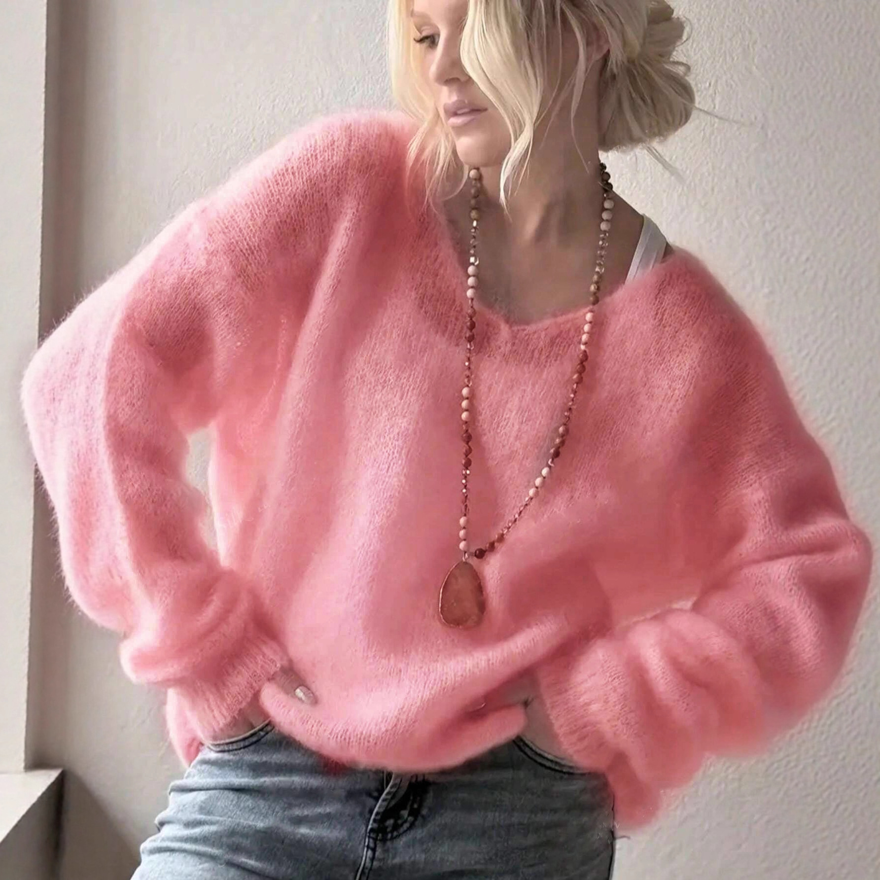 Soft V-Neck Long-Sleeve Pullover Sweater Women Solid Loose Knit Top