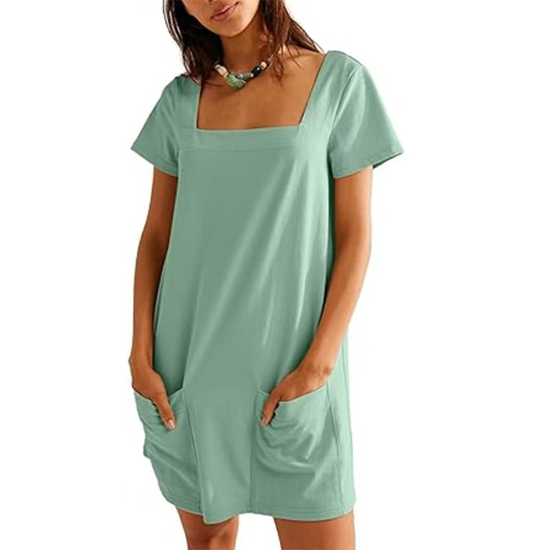 Square Neck Short Sleeve A-Line Dress with Pockets Solid Color