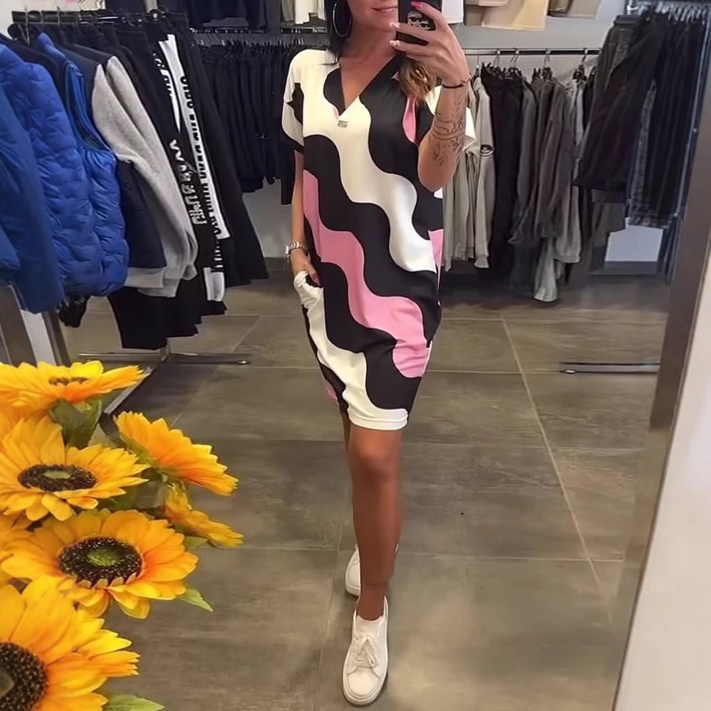3D Print Short Sleeve V-Neck Cinched Waist Midi Dress