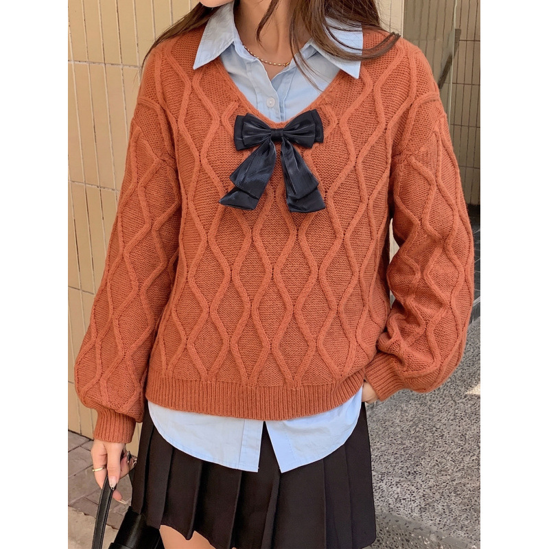 Preppy Bow Argyle Knit Sweater