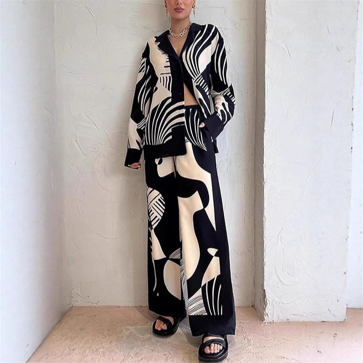 Women's Casual Elegant Printed Vintage Pattern Long Sleeve Shirt and Pants Two-Piece Set