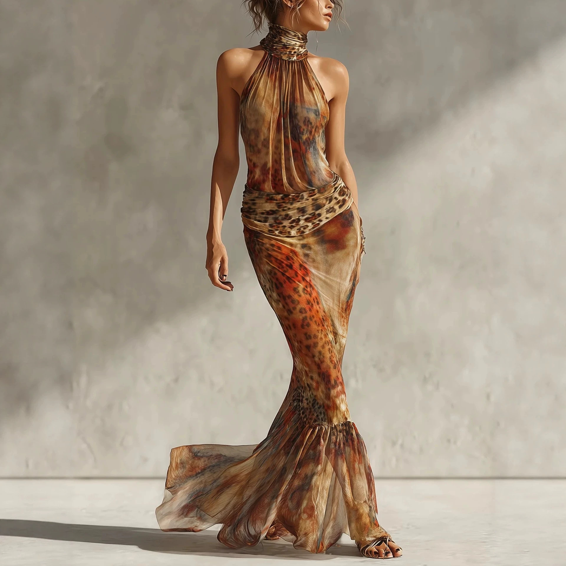 Women's Printed Halter Neck Sleeveless Mermaid Maxi Dress
