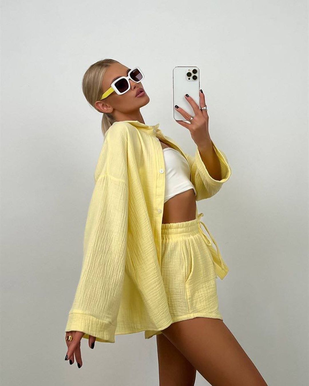 Women's Long Sleeve Button-Down Shirt and Shorts Set