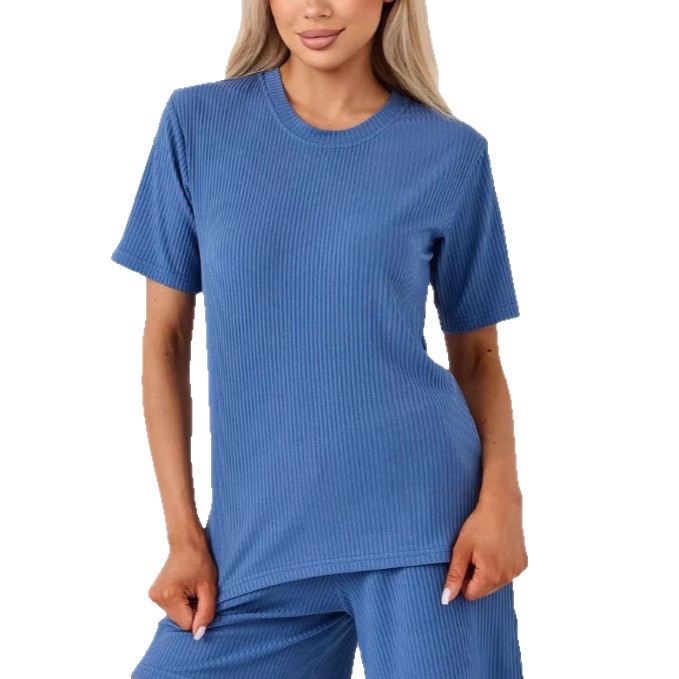 Women's Ribbed Short Sleeve & Shorts Two-Piece Set