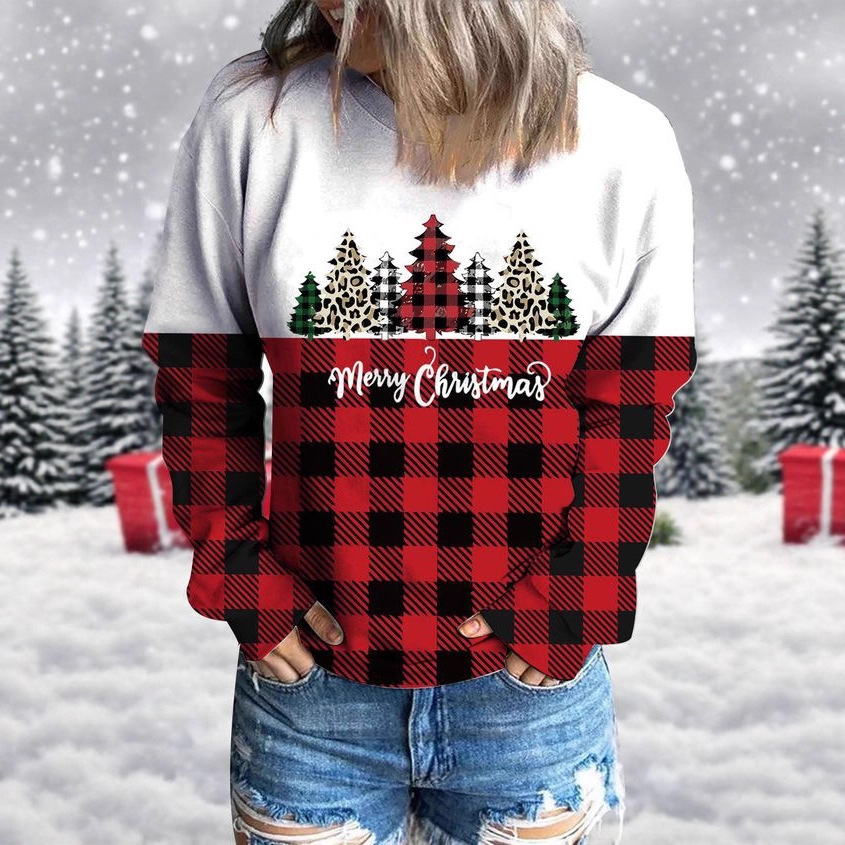 Women's Colorblock Plaid Cartoon Tree Crewneck Sweatshirt