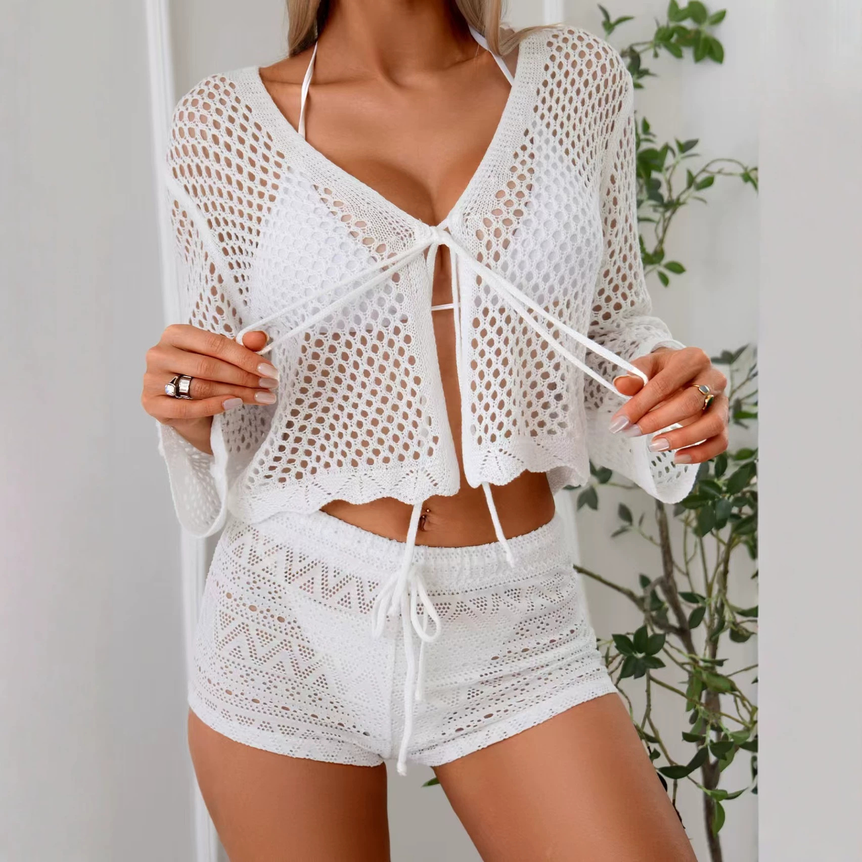 Women's Sheer Open-Knit Lace-Up Cardigan Top