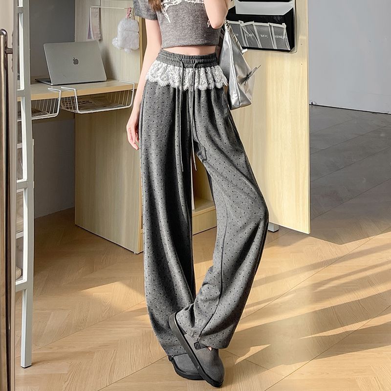 Gray Polka Dot Wide-Leg Pants with Lace Trim, High Waist