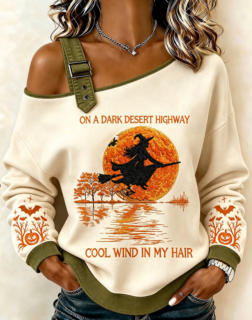 Halloween Witch Broom Print Crewneck Long-Sleeve Lace-Up Sweatshirt