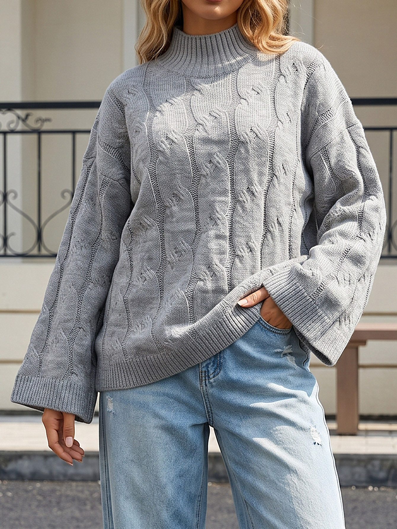 Women's Loose Fit Half Turtleneck Sweater with Flared Sleeves