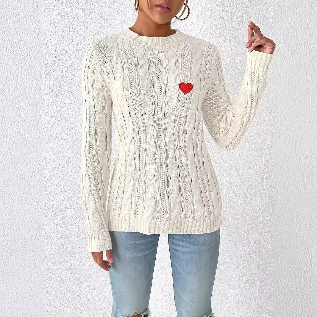 Women's Heart Applique Crewneck Knit Pullover Sweater