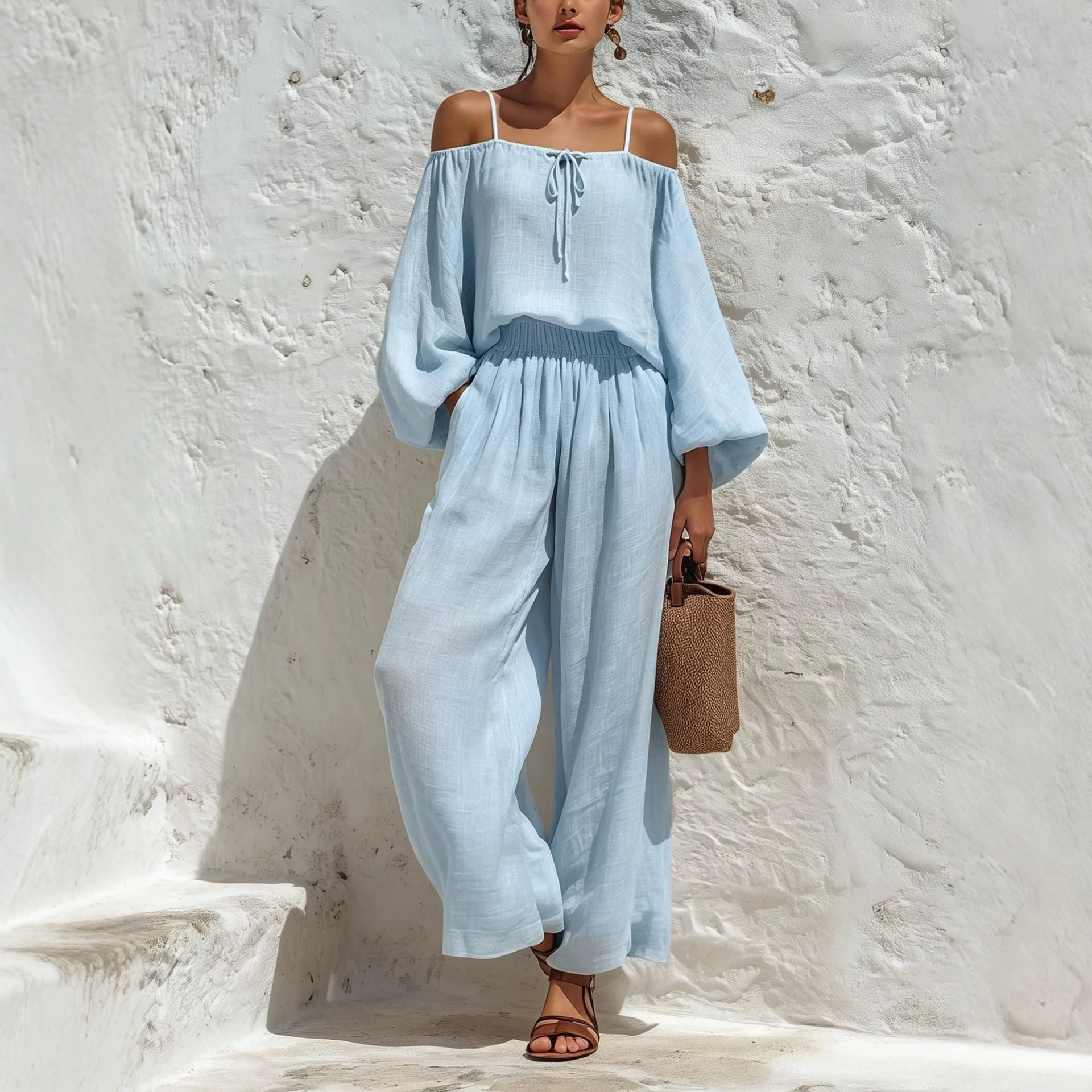 Off-Shoulder Long-Sleeve Top & Wide-Leg Pants Two-Piece Set