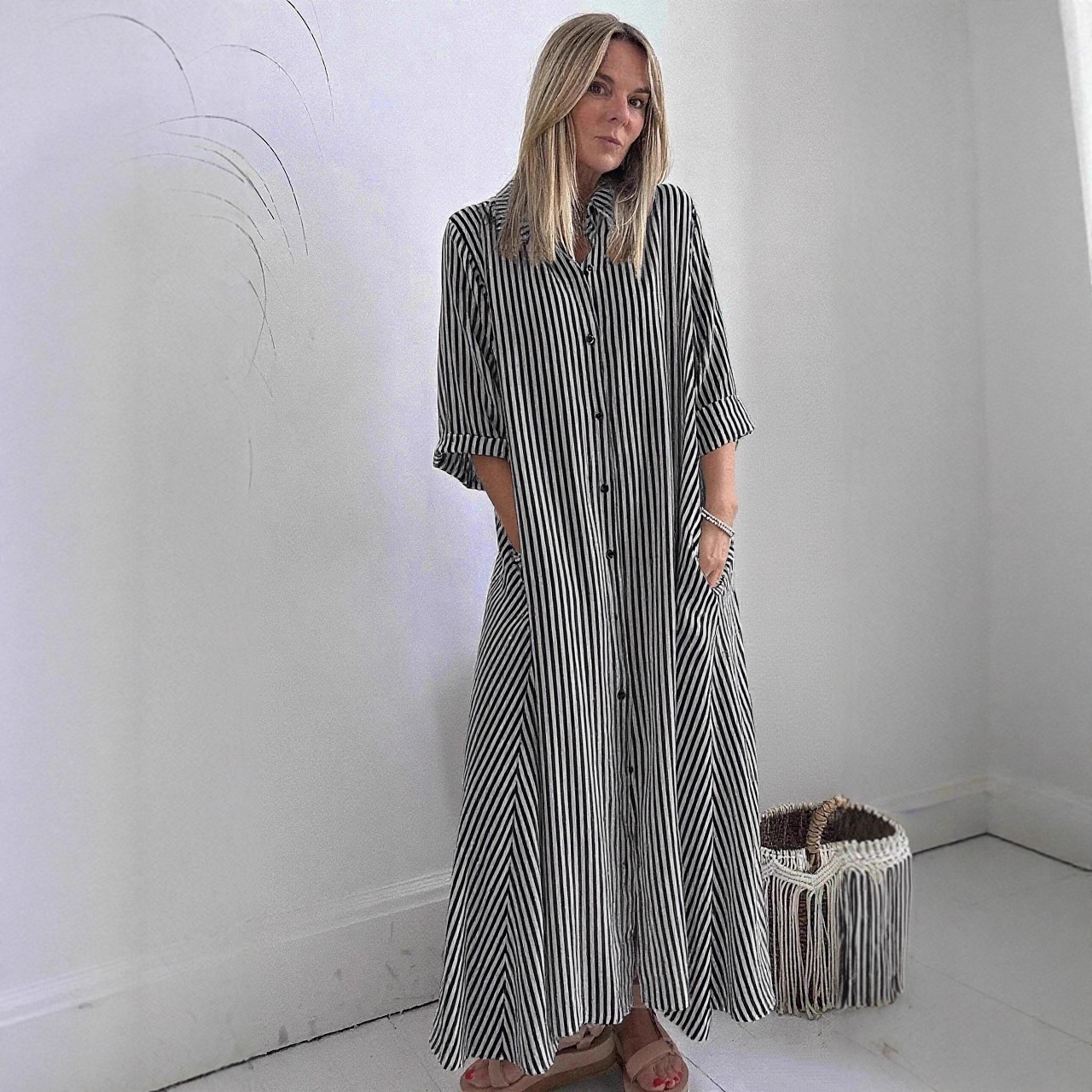 Striped Collared Midi Dress with Three-Quarter Sleeves and Button Front