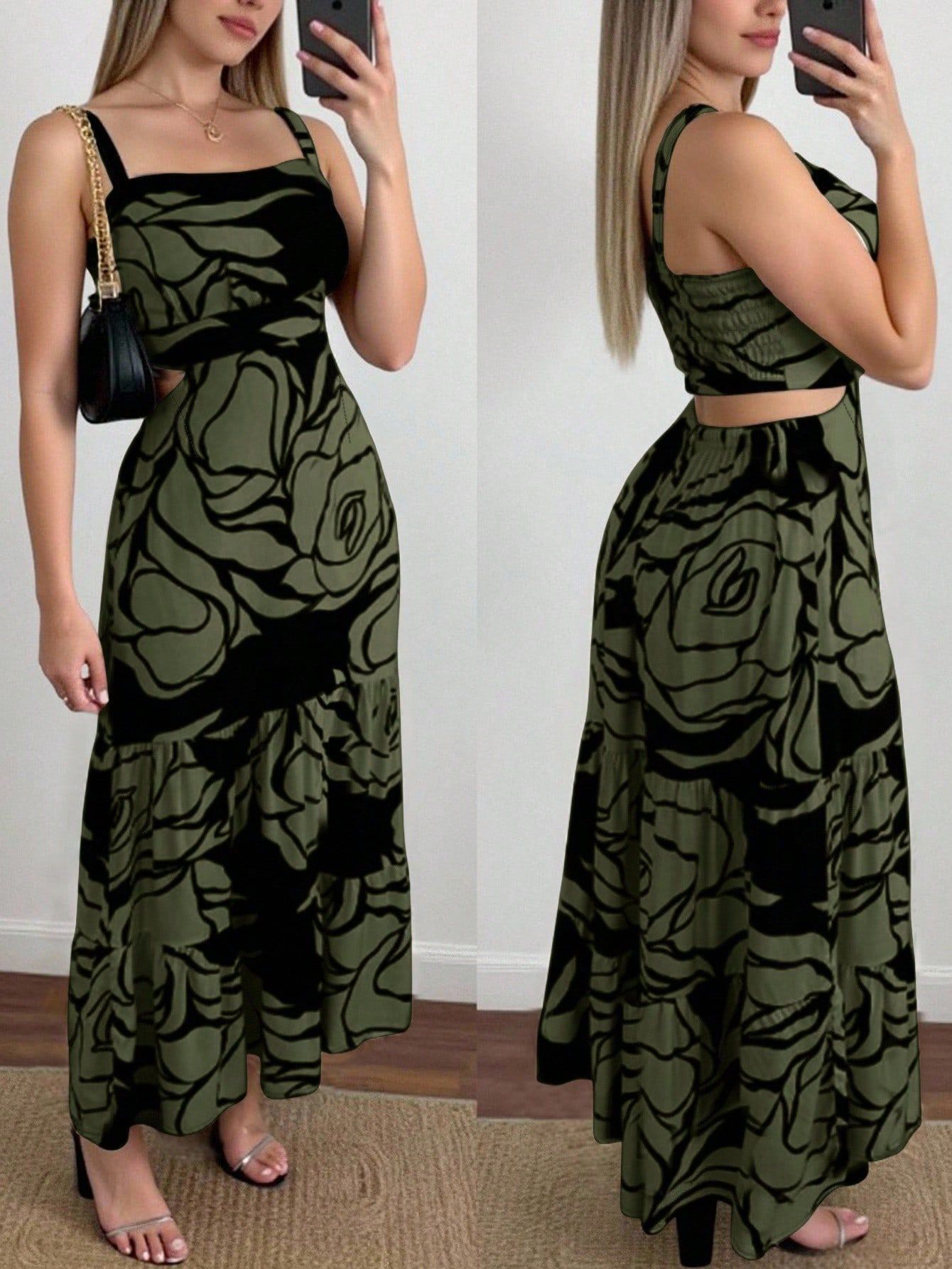 Women's Sleeveless Cutout Open-Back Printed Maxi Dress