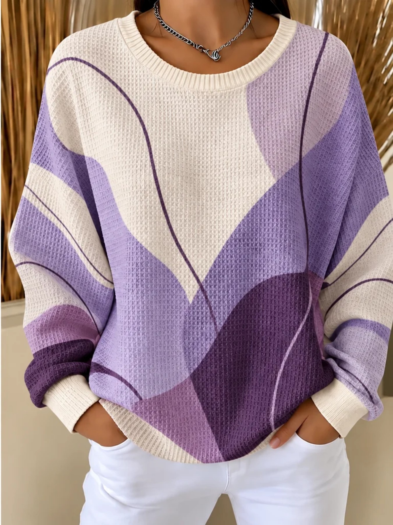 Landscape Line Print Crewneck Long Sleeve Pullover Sweatshirt
