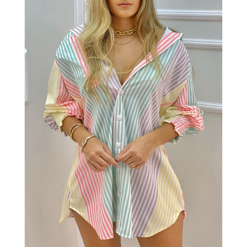 Long Sleeve Floral Print Smocked V-Neck Button Shirt Dress