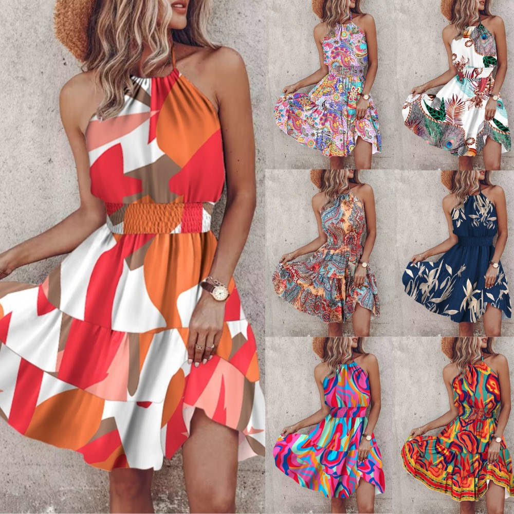 Women's Summer Halter Neck Dress Sexy Off-Shoulder A-Line Midi