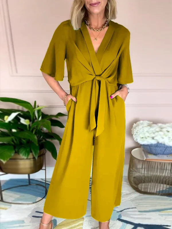 Women's Solid V-Neck Tie Short Sleeve Jumpsuit