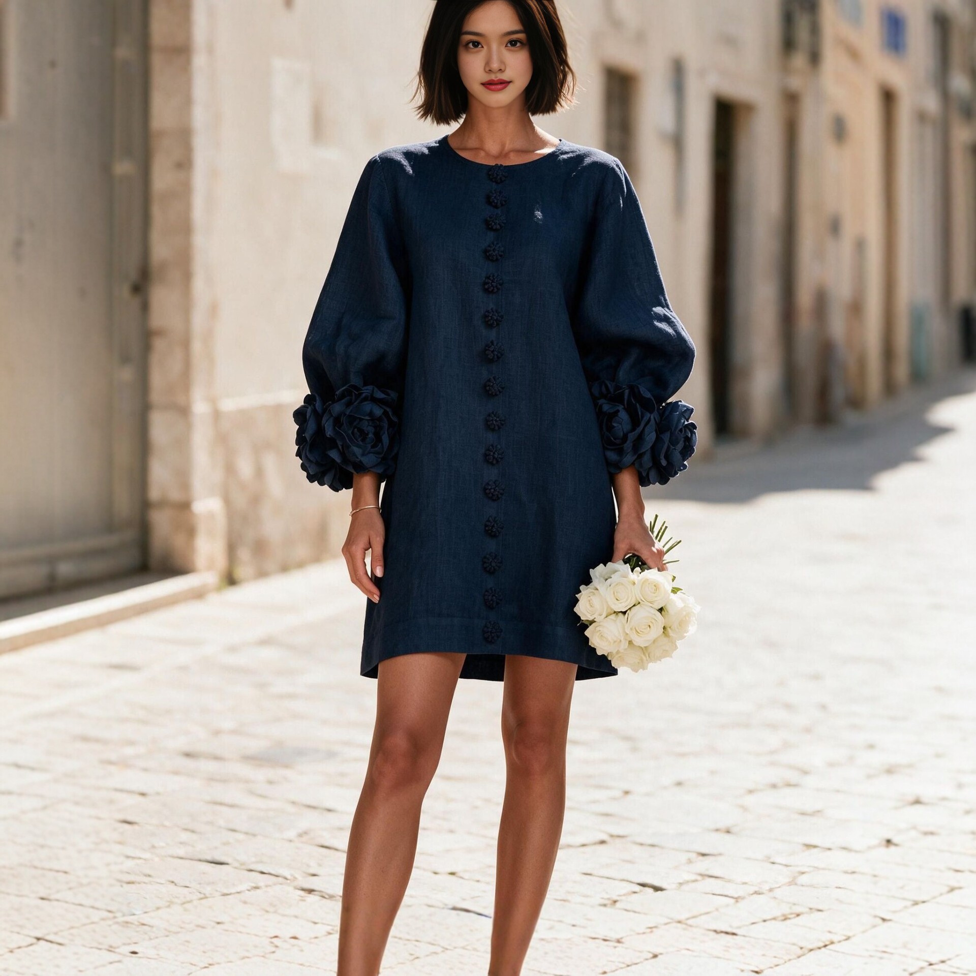 French 3D Floral Lantern Sleeve Dress