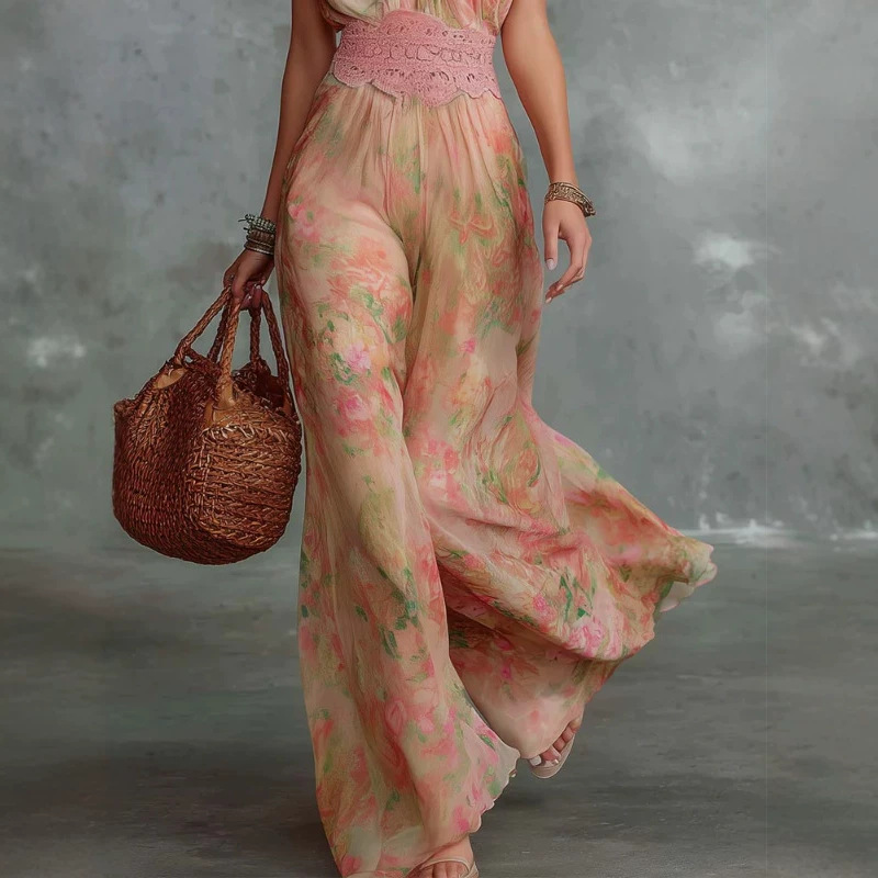 Vintage V-Neck Floral Oil Painting Print Sleeveless Jumpsuit