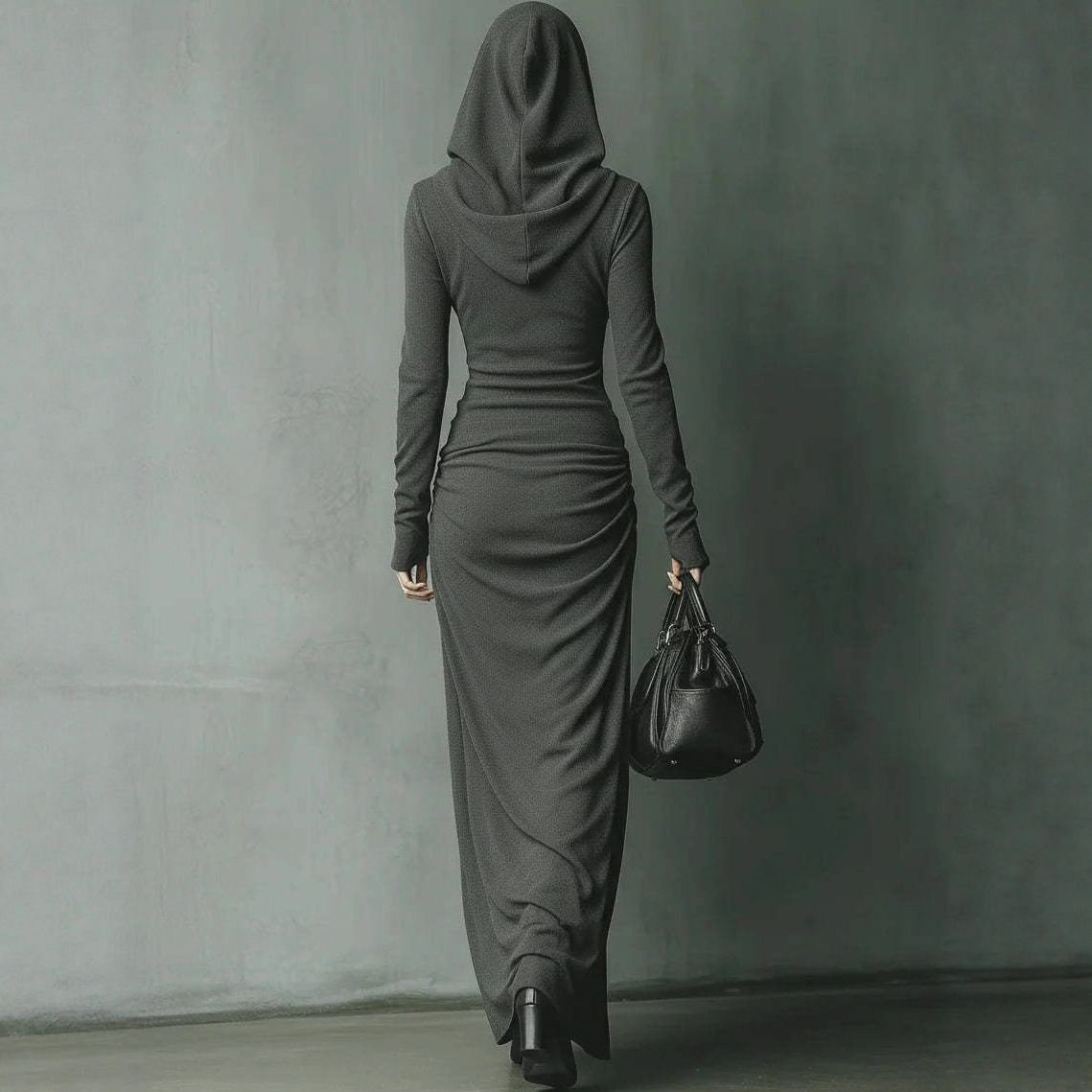 Solid Color Slim Fit Hooded Long Sleeve Maxi Dress
