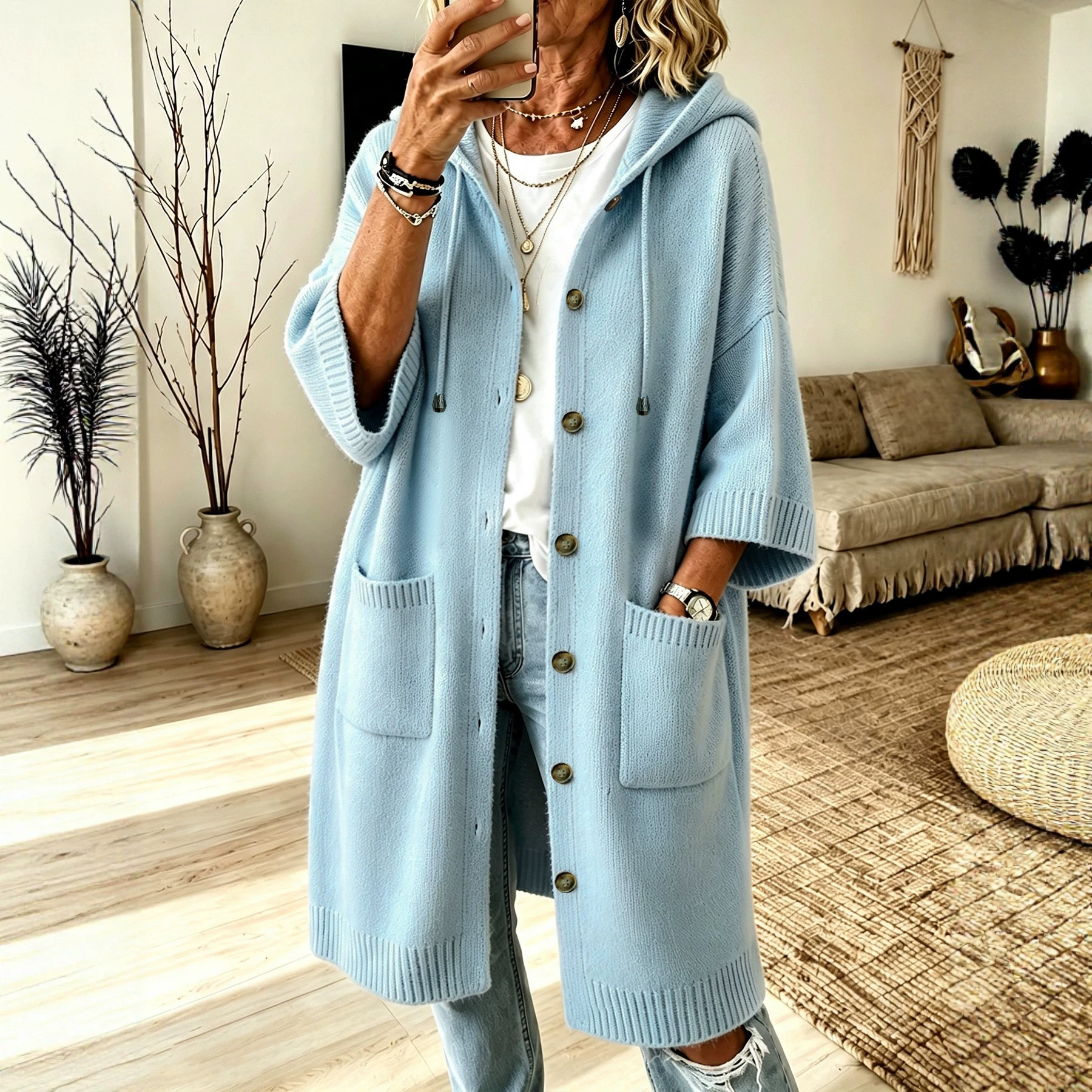Women's Solid Hooded Drawstring Knit Cardigan Long Sleeve Soft Warm