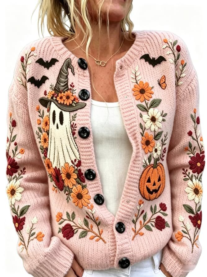 Women's Halloween Ghost Pumpkin Castle Floral Print Cardigan
