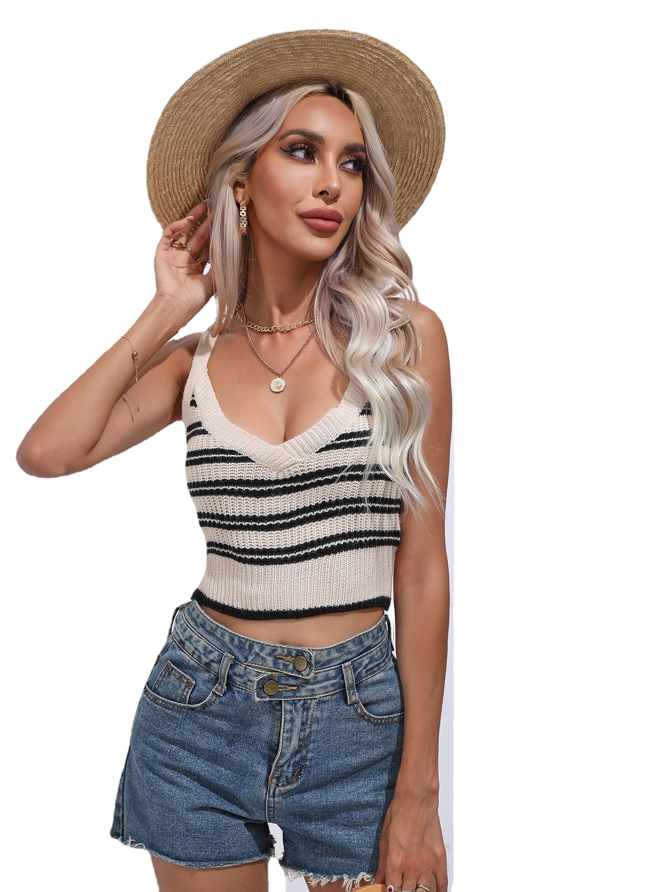 Striped V-Neck Knit Cami Top Sleeveless Women's Summer Shirt