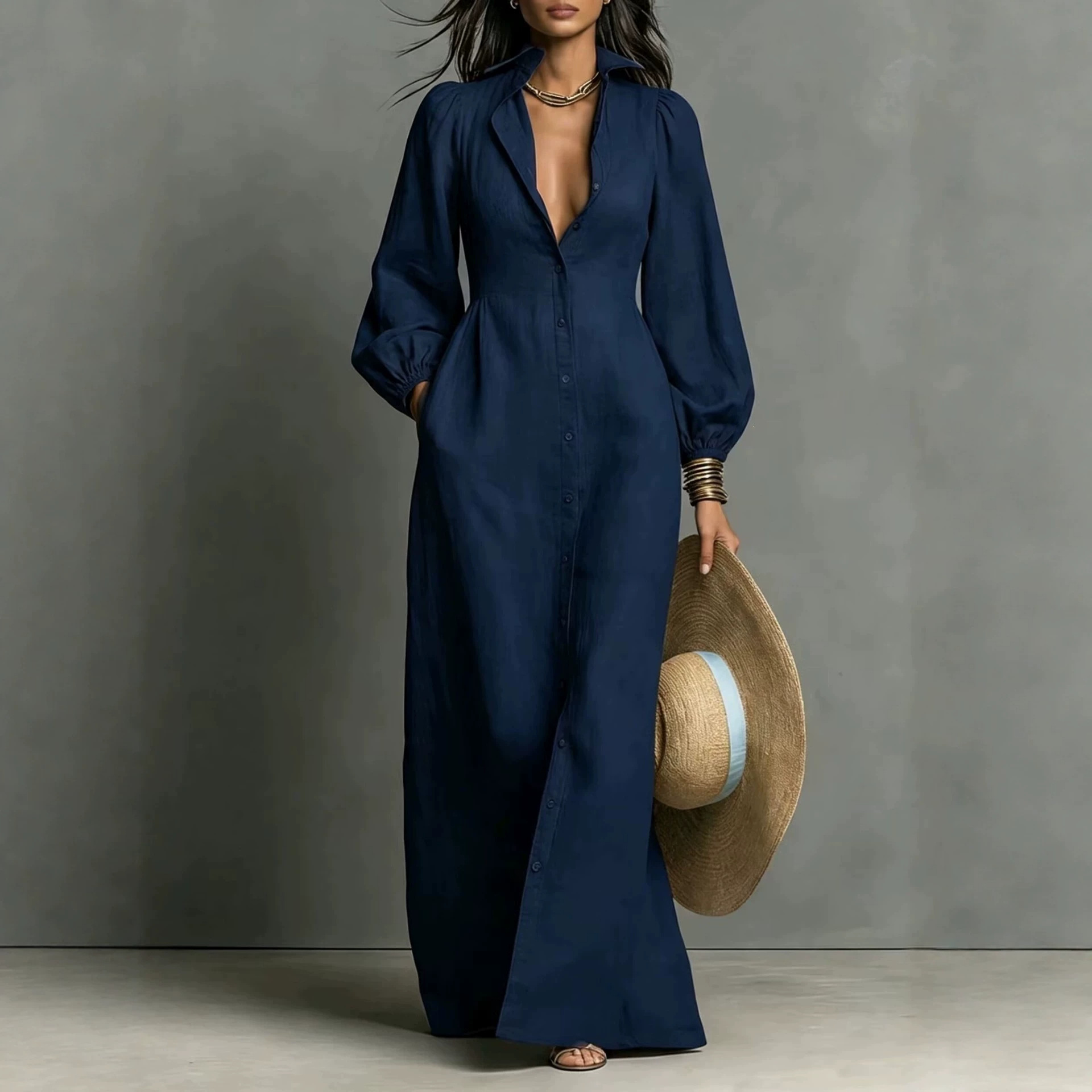Women's Solid Button-Front Long Shirt Dress with Polo Collar