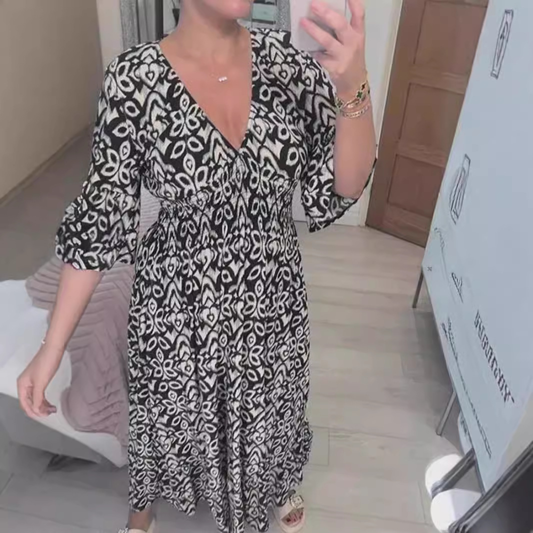 V-Neck Floral Print Loose Midi Dress for Beach Vacation