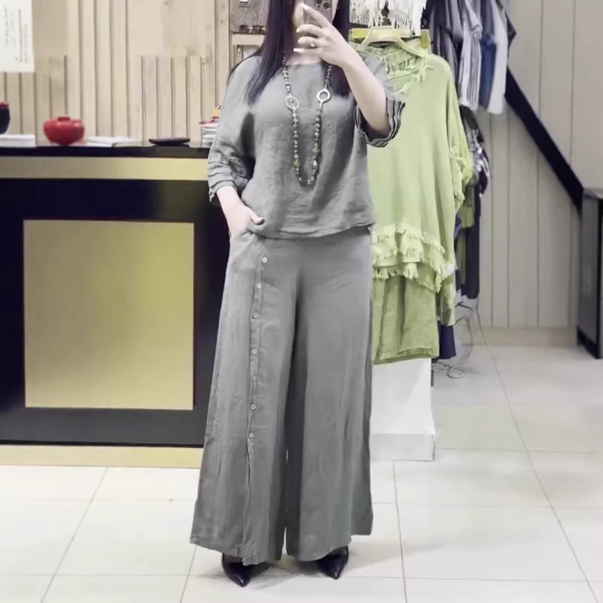 Women's Solid Color Loose Casual Three-Quarter Sleeve Top and Pants Set