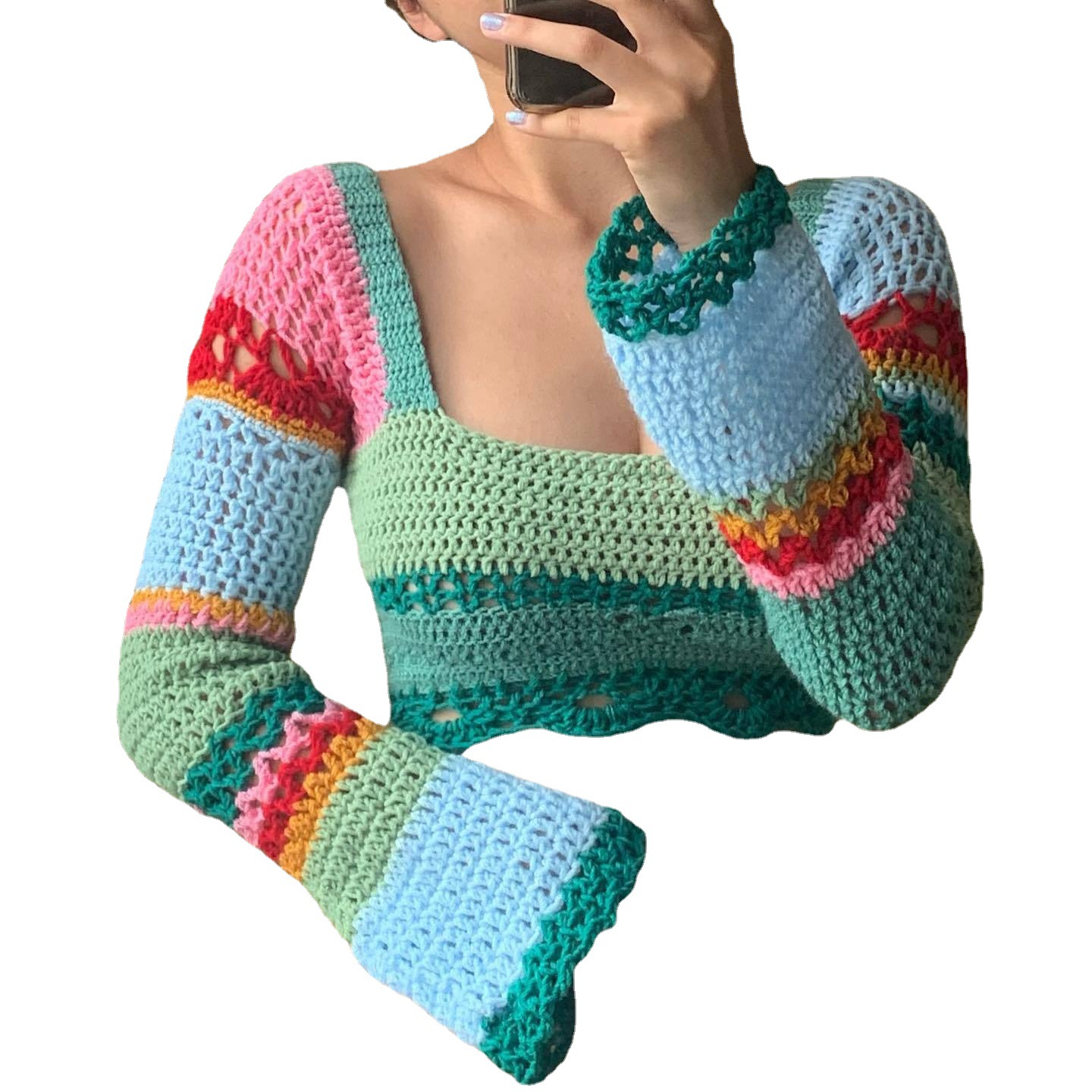 Women's Square Neck Colorblock Striped Hand Crochet Long Sleeve Knit Top