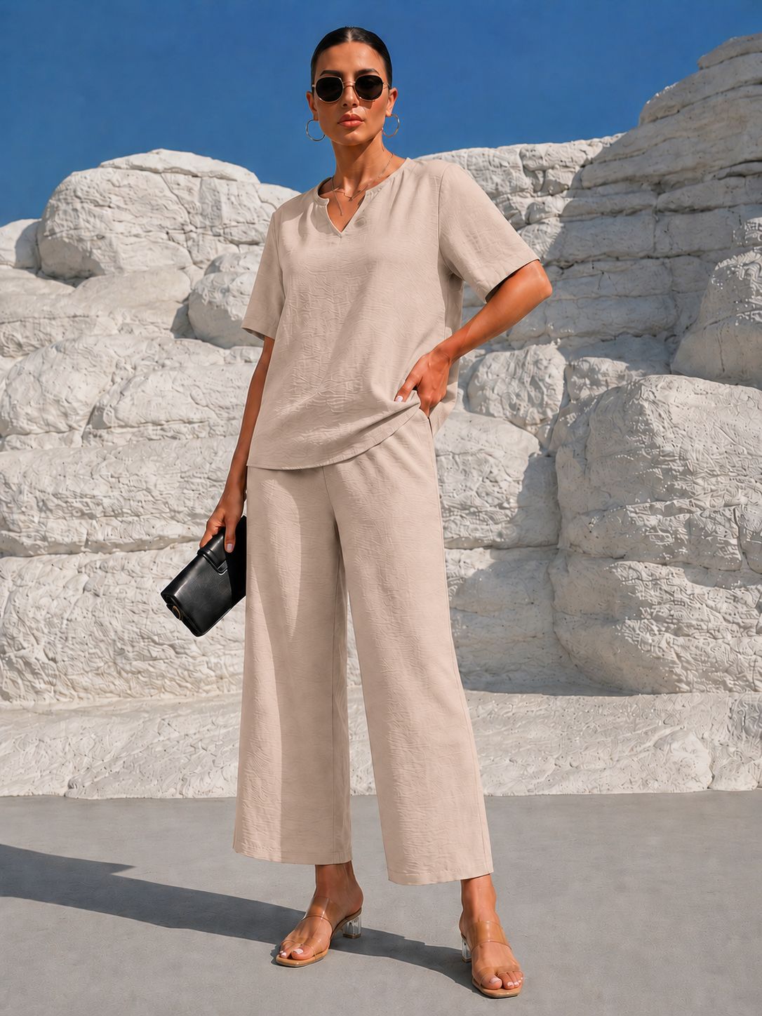 Women's Solid V-Neck Short-Sleeve Top & Wide-Leg Cropped Pants Vacation Set