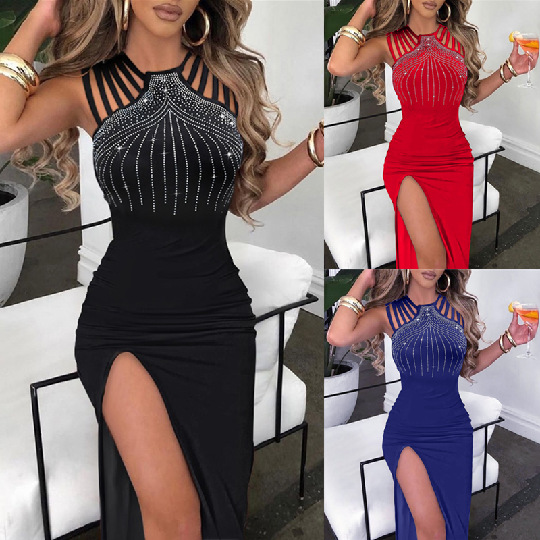 Women's Rhinestone Split Bodycon Dress Elegant Evening Party Dress