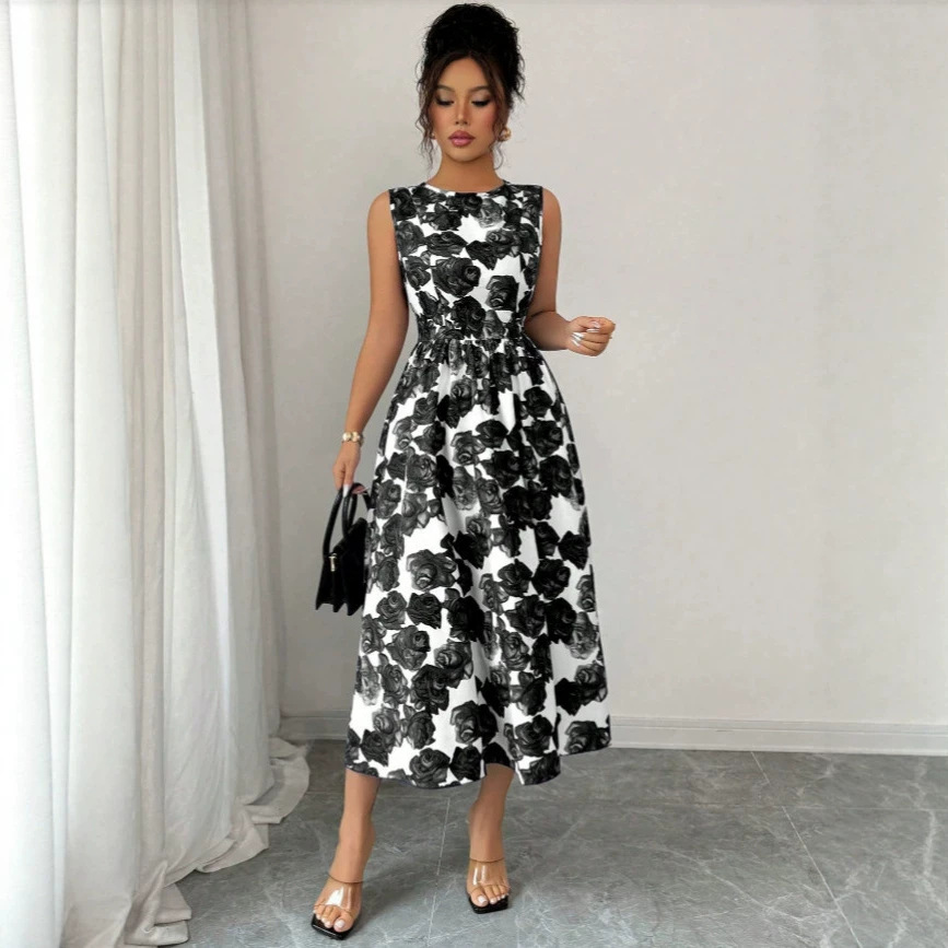 Printed Sleeveless A-Line Midi Dress