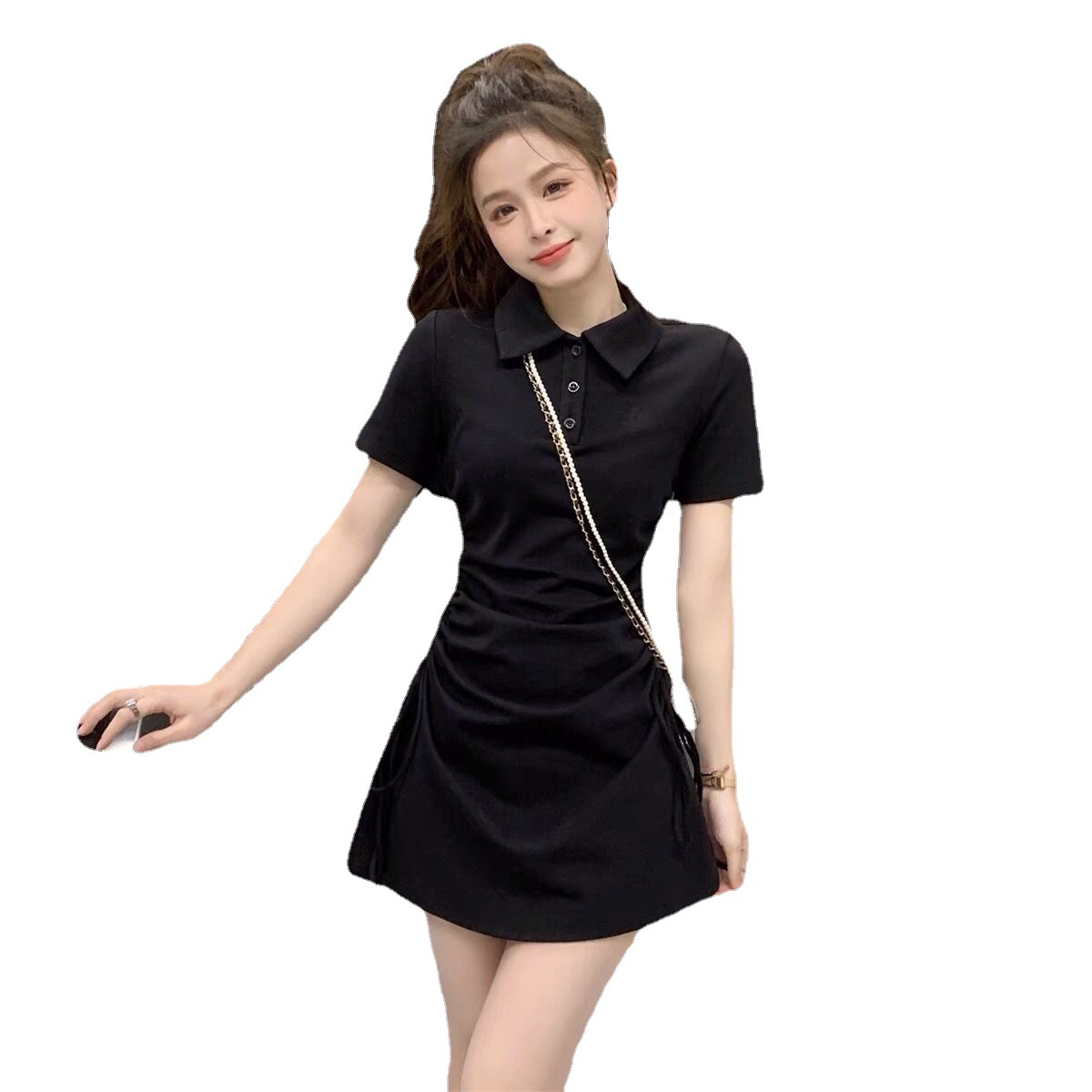 Pure Desire Style Polo Collar Dress with Drawstring Tie Short Sleeve Slimming