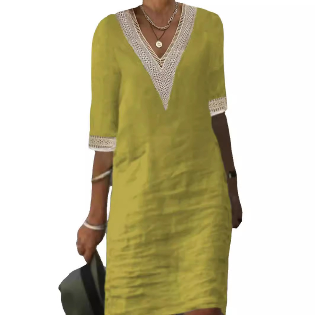 Solid V-Neck Half-Sleeve Cotton-Linen Casual Dress