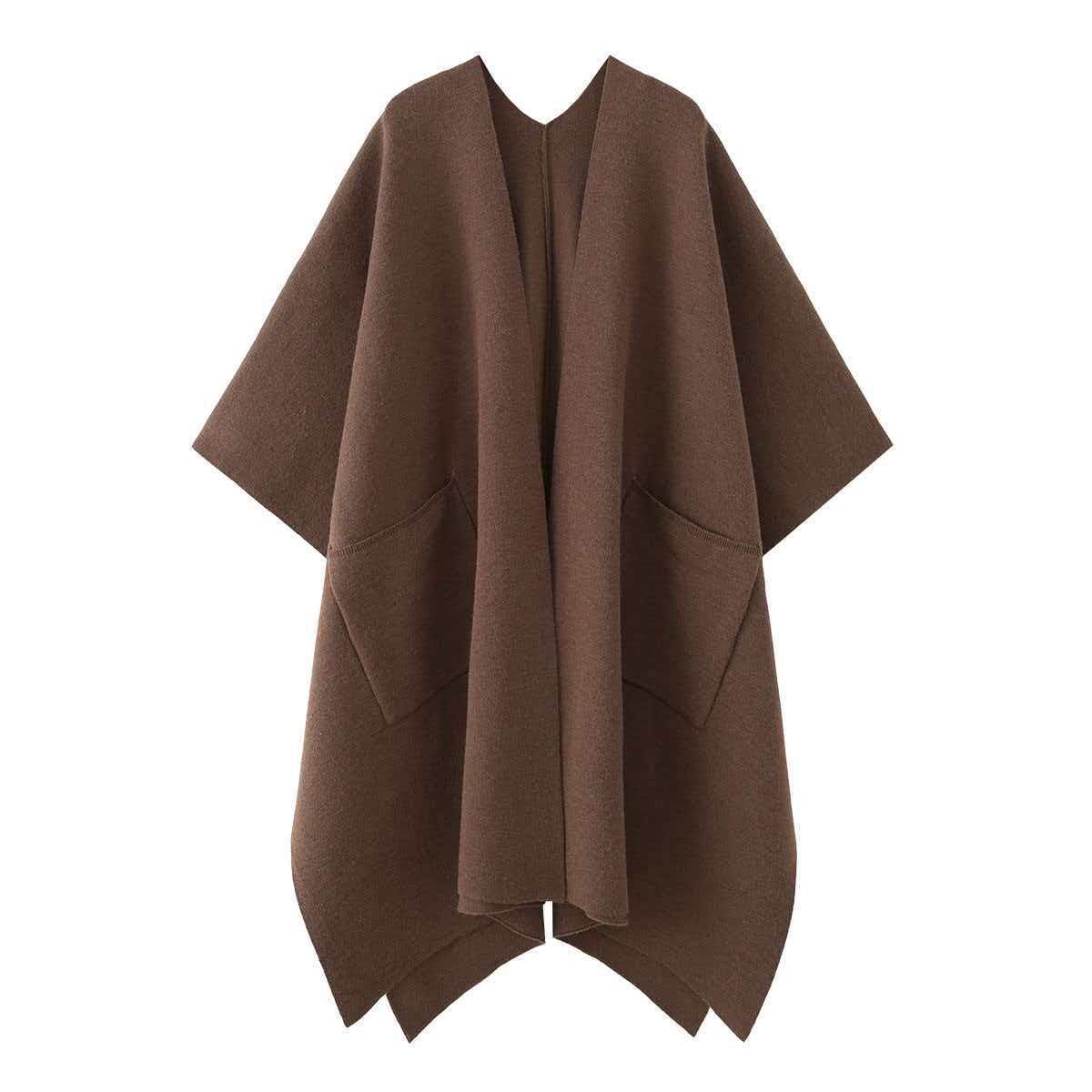 Dark Brown V-Neck Loose Cape-Style Knit Cardigan Coat