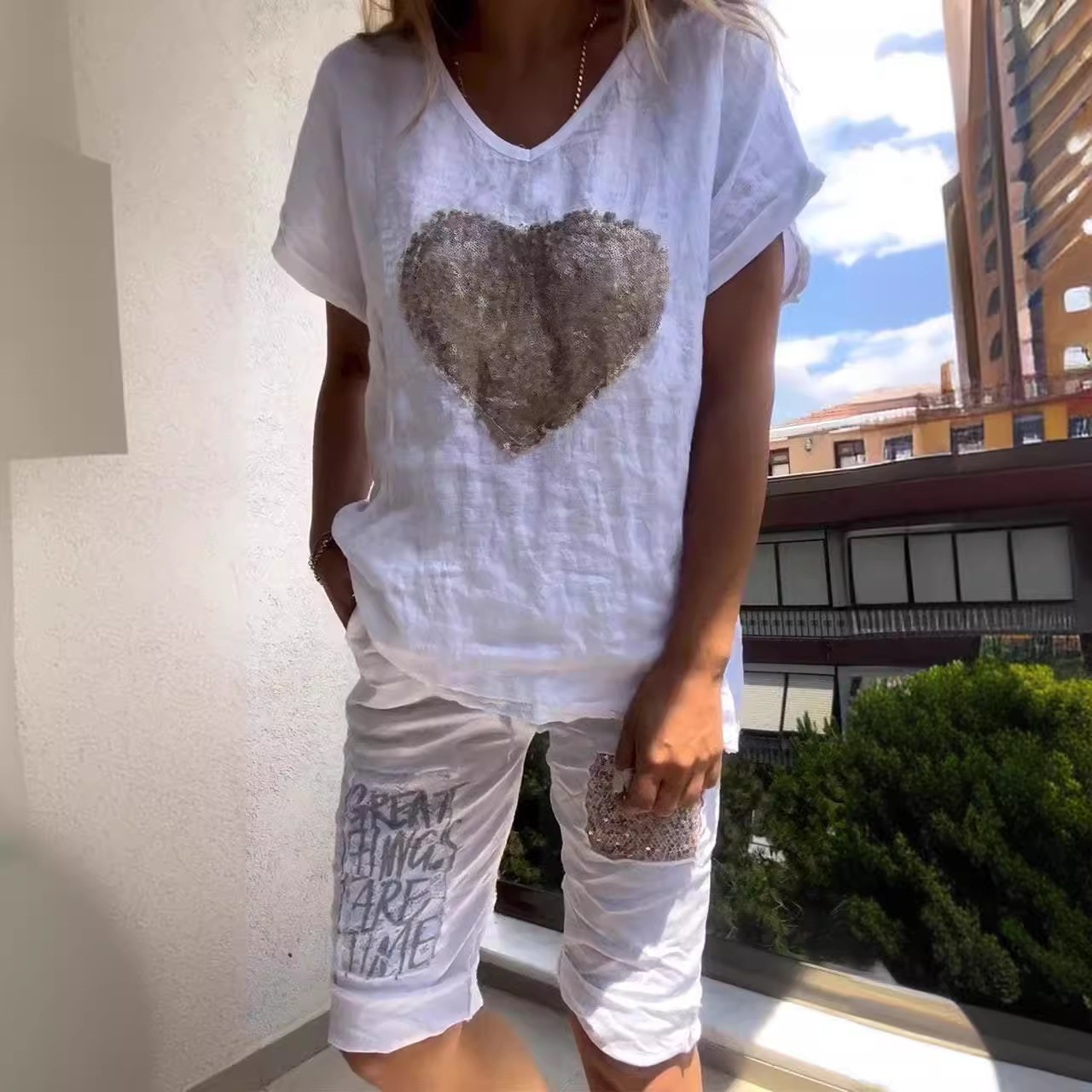 Women's Casual Loose Heart Sequin Cotton-Linen Two-Piece Set