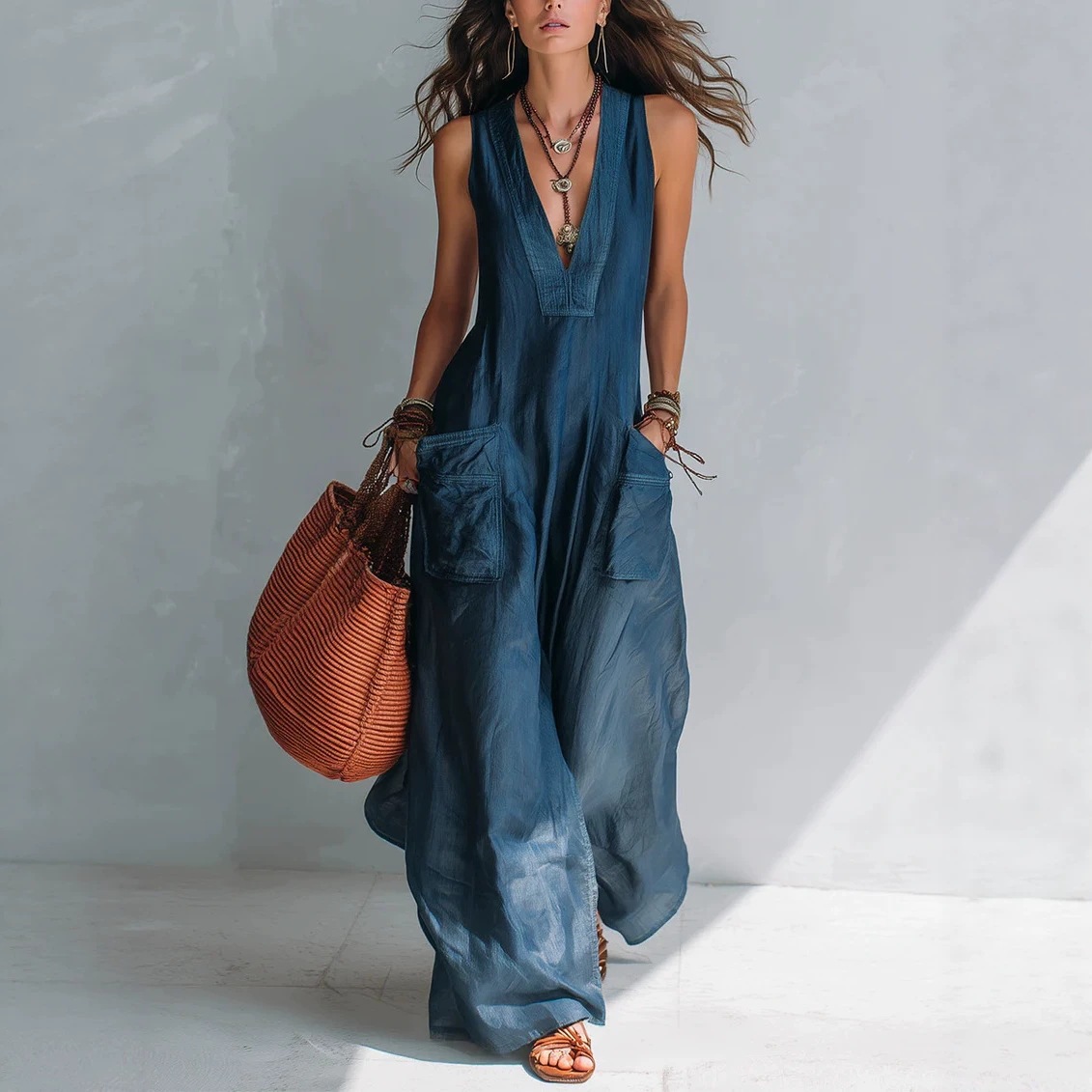 Women's Solid V-Neck Loose Wide-Leg Jumpsuit with Pockets
