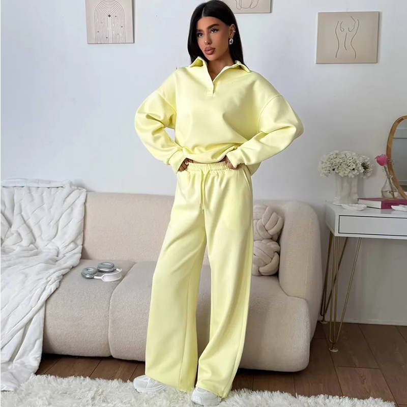 Women's Casual Two-Piece Sweatsuit Solid Color Buttoned Collar Top and Drawstring Pants