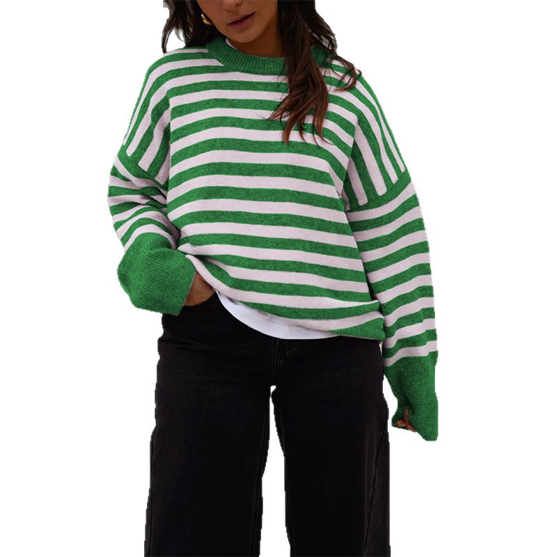 Striped Crewneck Pullover Knit Long Sleeve Sweater