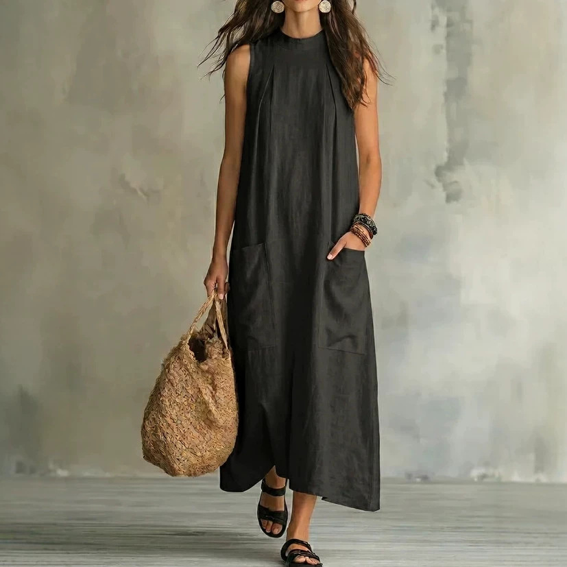 Elegant Linen-Blend Sleeveless Hollow-Out Maxi Dress