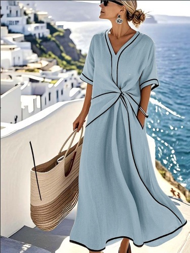 Women's Loose V-Neck Short Sleeve A-Line Midi Dress