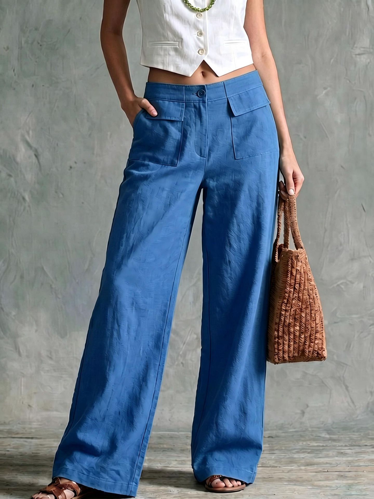 Women's Solid Color Cotton-Linen Wide-Leg Pants High Waist Loose Casual Long Pants