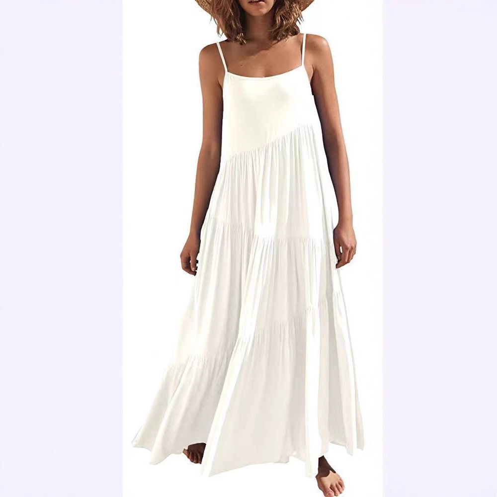 Women's Summer Loose Solid Pleated Sleeveless Halter Long Dress