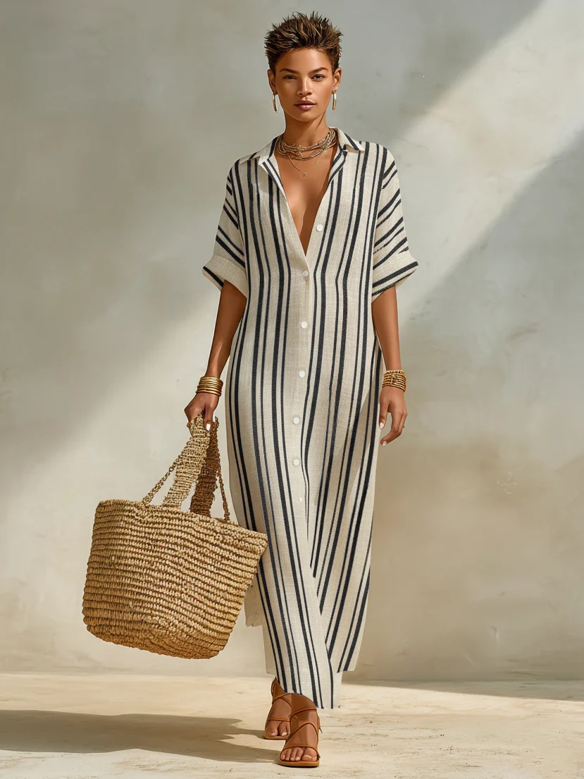 Women's Striped Shirt Dress Loose Casual Long Vacation Dress