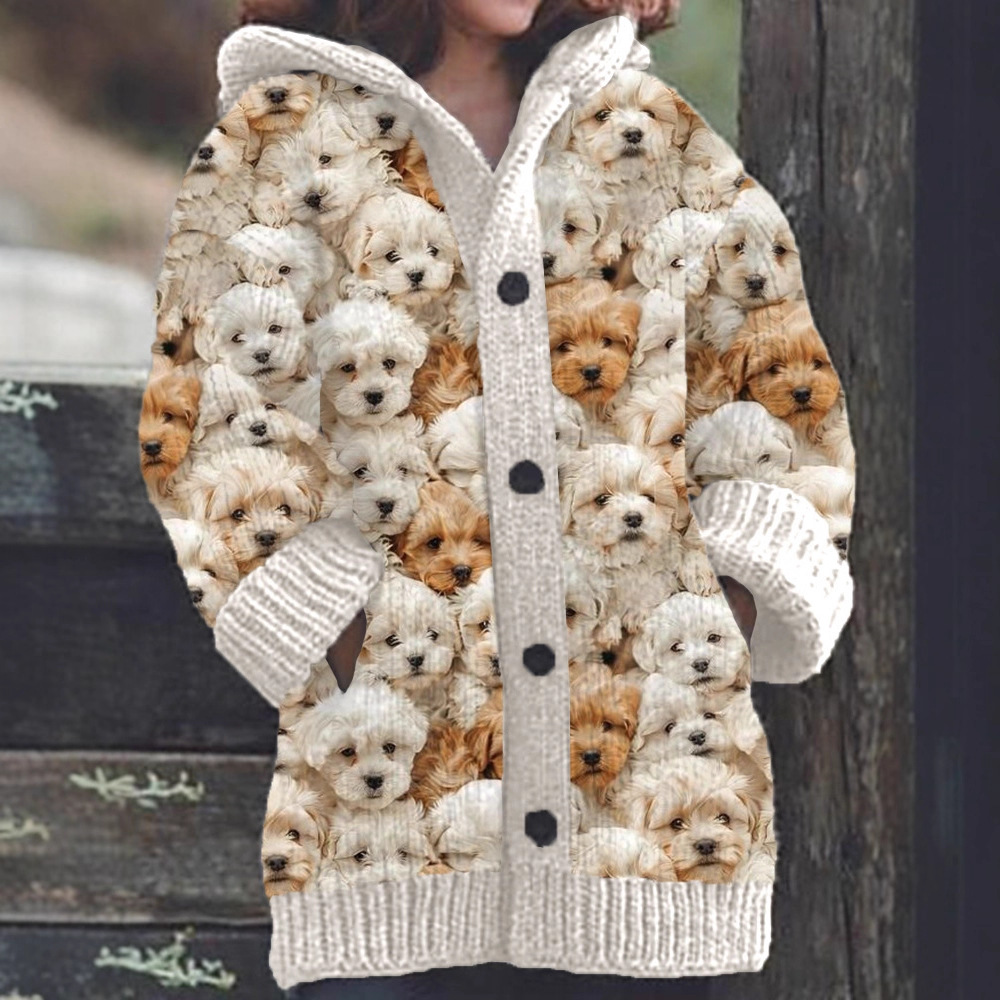 Women's Floral Puppy Rose Print Hooded Button Cardigan Sweater