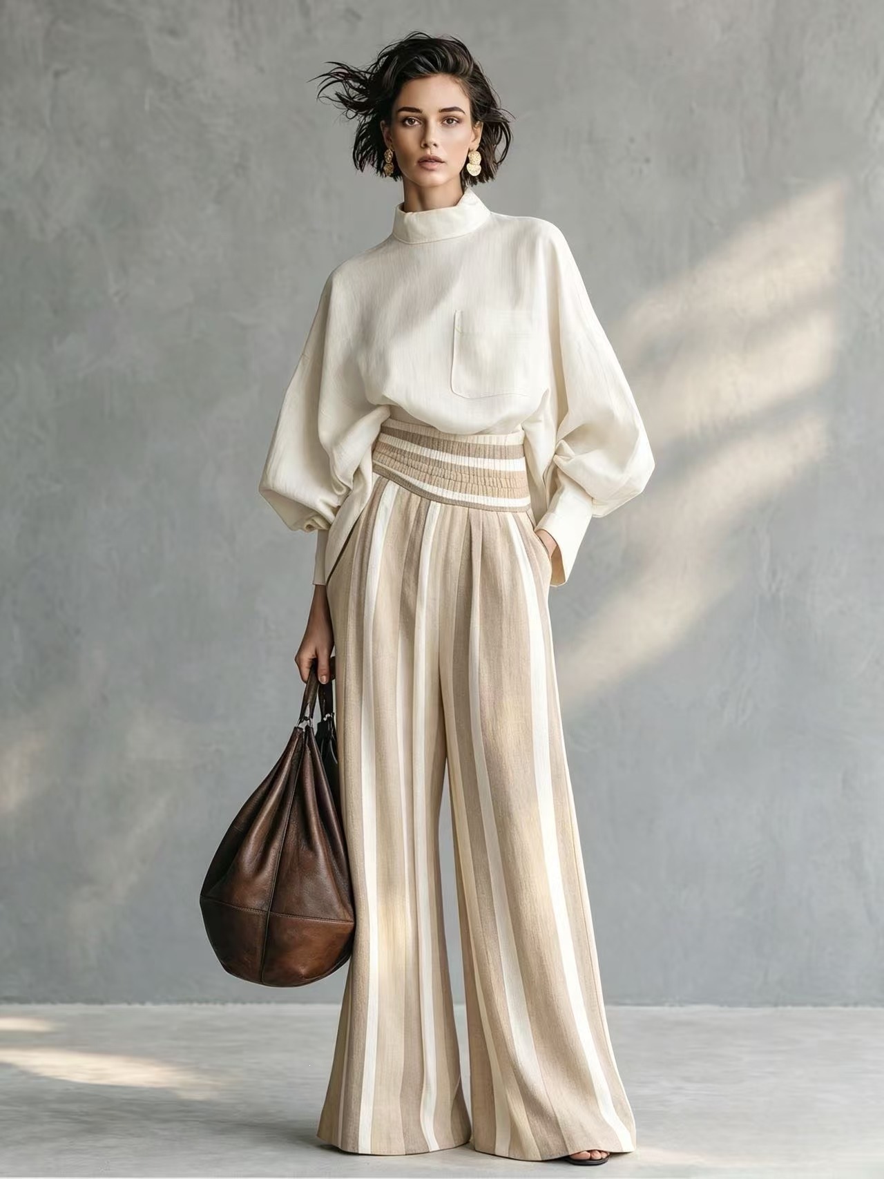 Women's Striped Mock Neck Long Sleeve T-Shirt and Pants Set