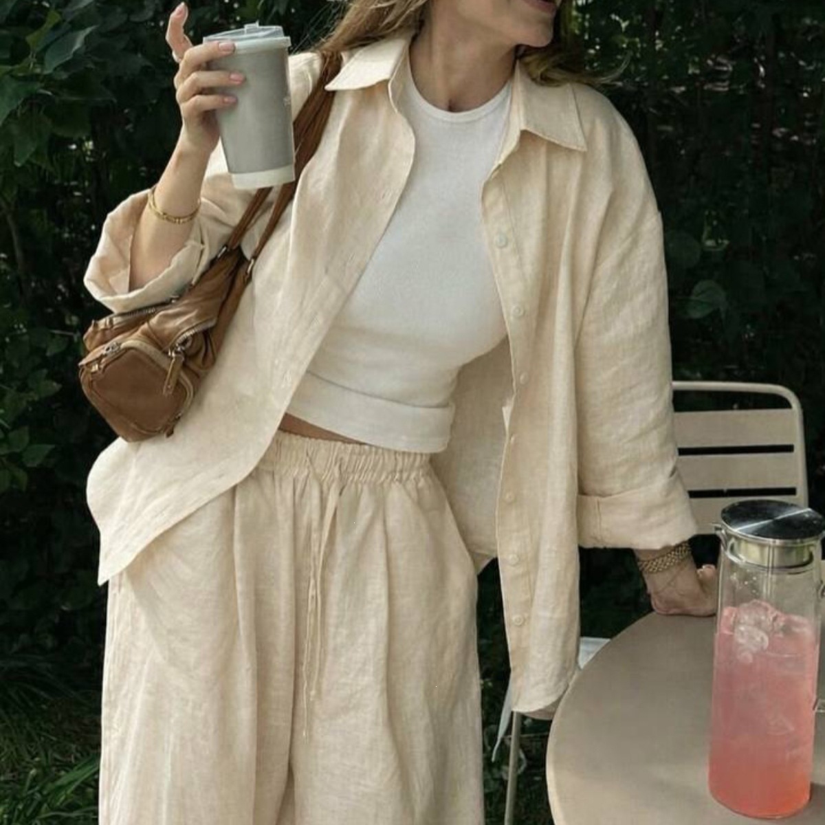 Women's Solid Linen Shirt and Pants Set Long Sleeve Loose Fit Two-Piece