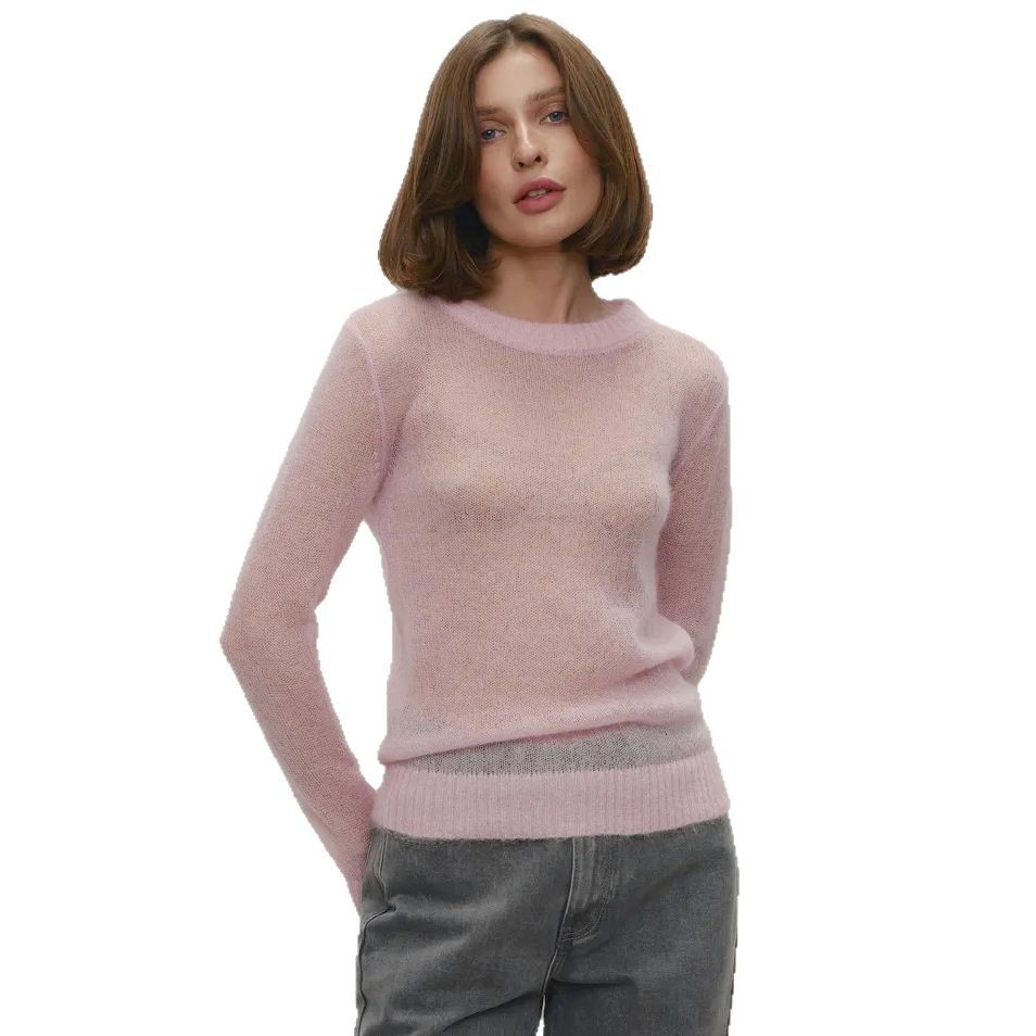 Mohair Blend Crewneck Pullover Sweater Women's Sheer Knit Top